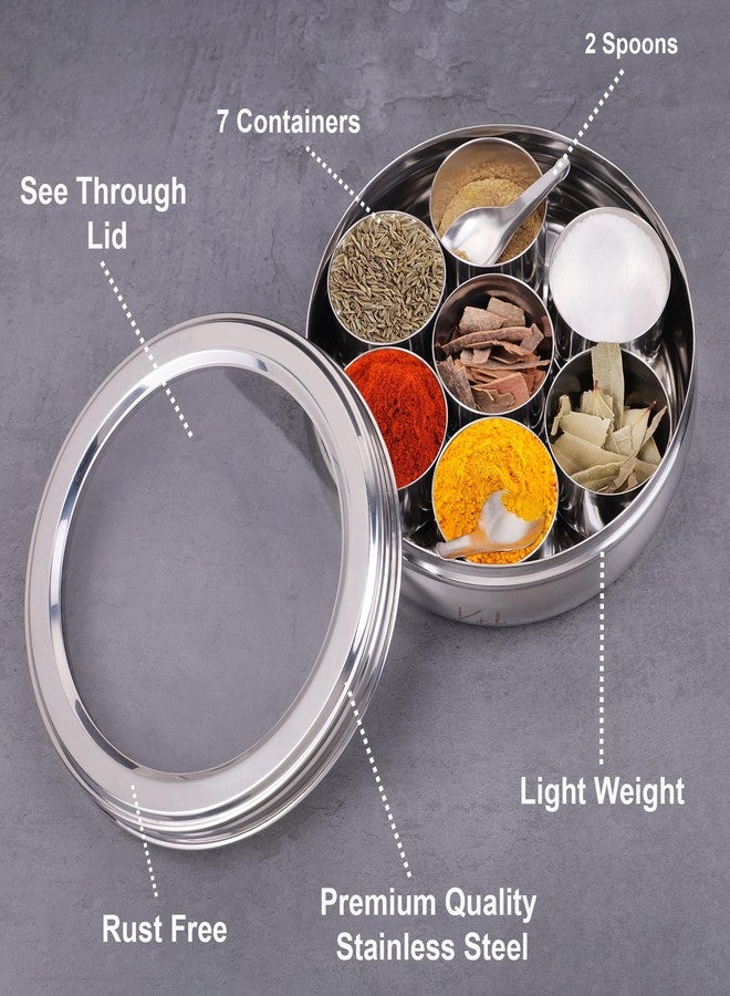 inKitch Stainless Steel Belly Shape Kitchen Spice Box | Masala Container | Masala Dani with Individual See Through lid with 7 Containers and Small Spoon/Large - Image 4